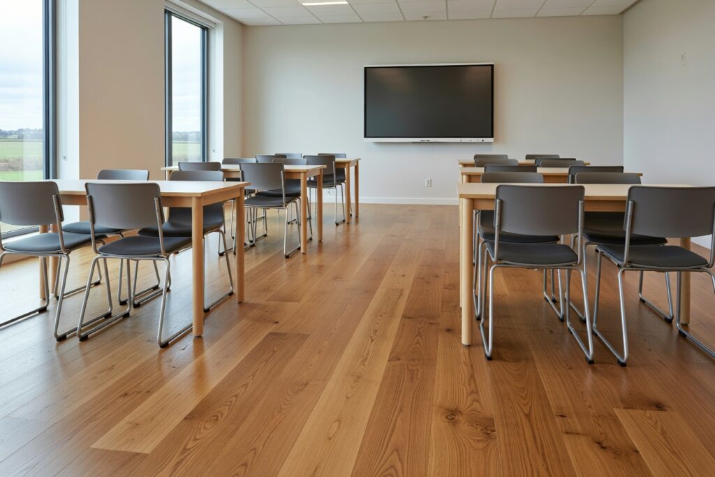school classroom with wooden floor